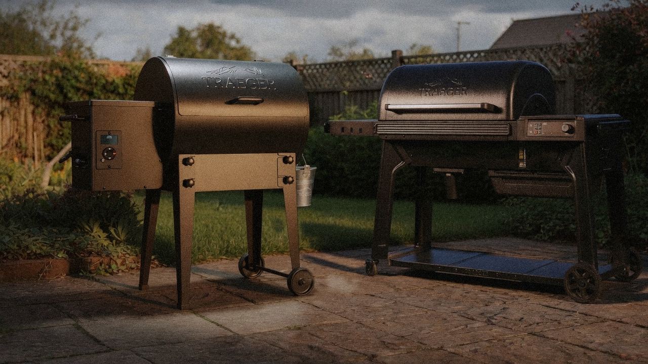Traeger Tailgater 20 standing next to Traeger Woodridge Pro, showing the size and price-tier gap