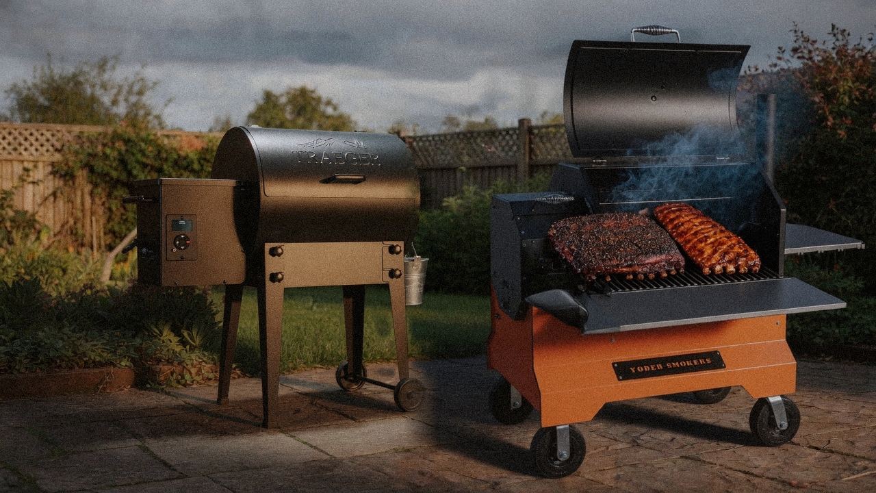 Traeger Tailgater 20 cooking next to Yoder Smokers YS640s, wood pellet grills on the same patio
