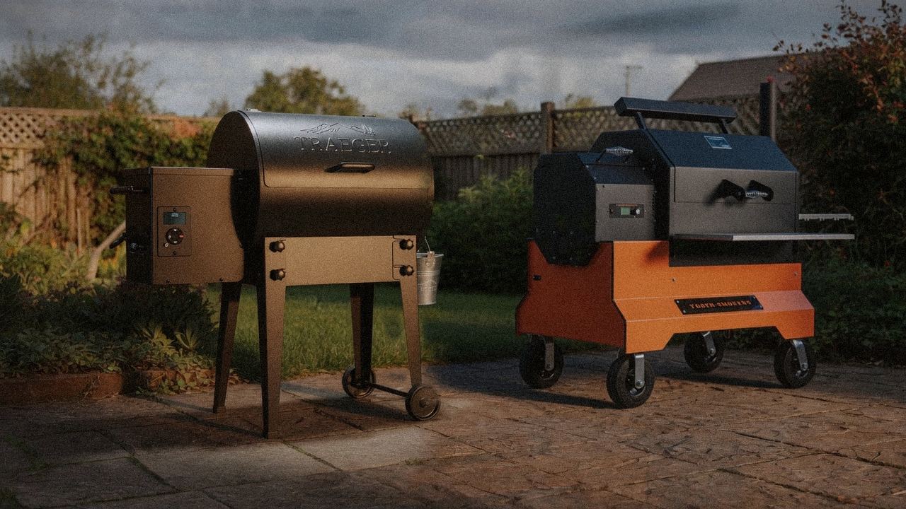 Traeger Tailgater 20 beside Yoder Smokers YS640s, editorial product photography