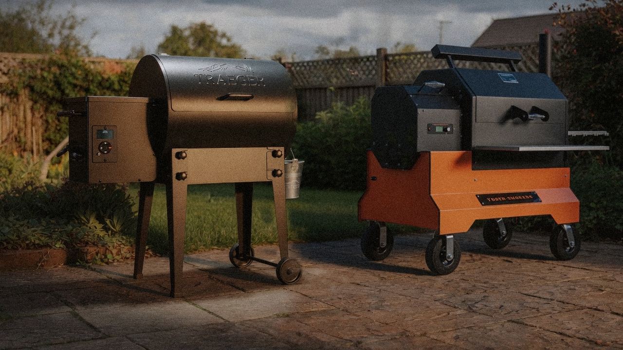 Traeger Tailgater 20 standing next to Yoder Smokers YS640s, showing the size and price-tier gap