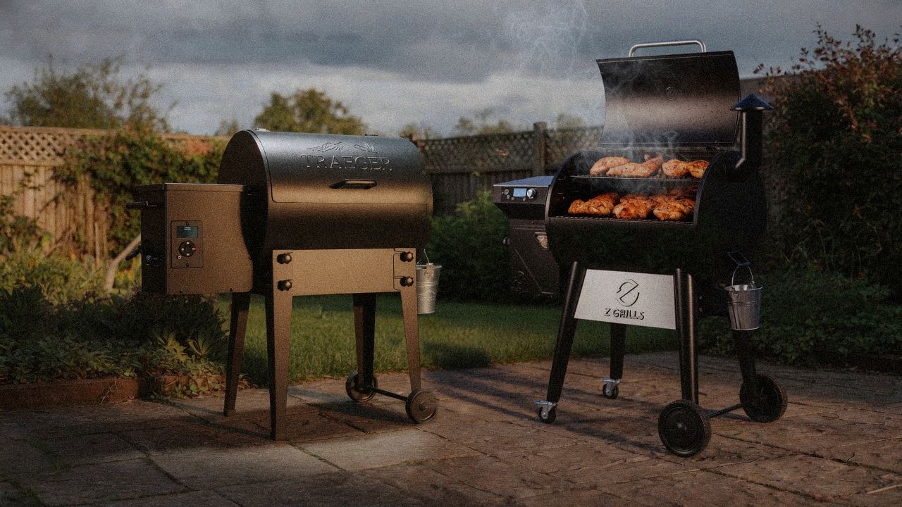 Traeger Tailgater 20 cooking next to Z Grills 700 Series (ZPG-7002), wood pellet grills on the same patio