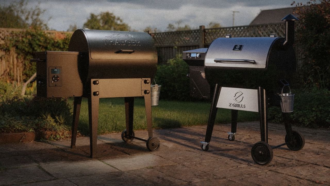 Traeger Tailgater 20 standing next to Z Grills 700 Series (ZPG-7002), showing the size and price-tier gap