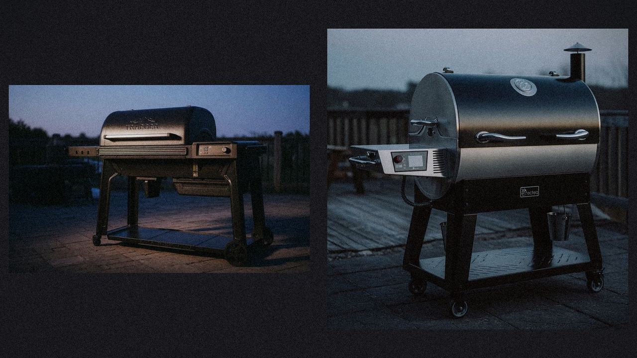 Traeger Timberline beside recteq Deck Boss Legacy Edition, editorial product photography