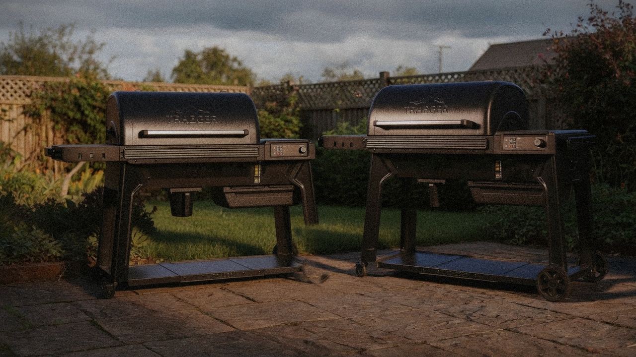 Traeger Timberline beside Traeger Woodridge Pro, editorial product photography