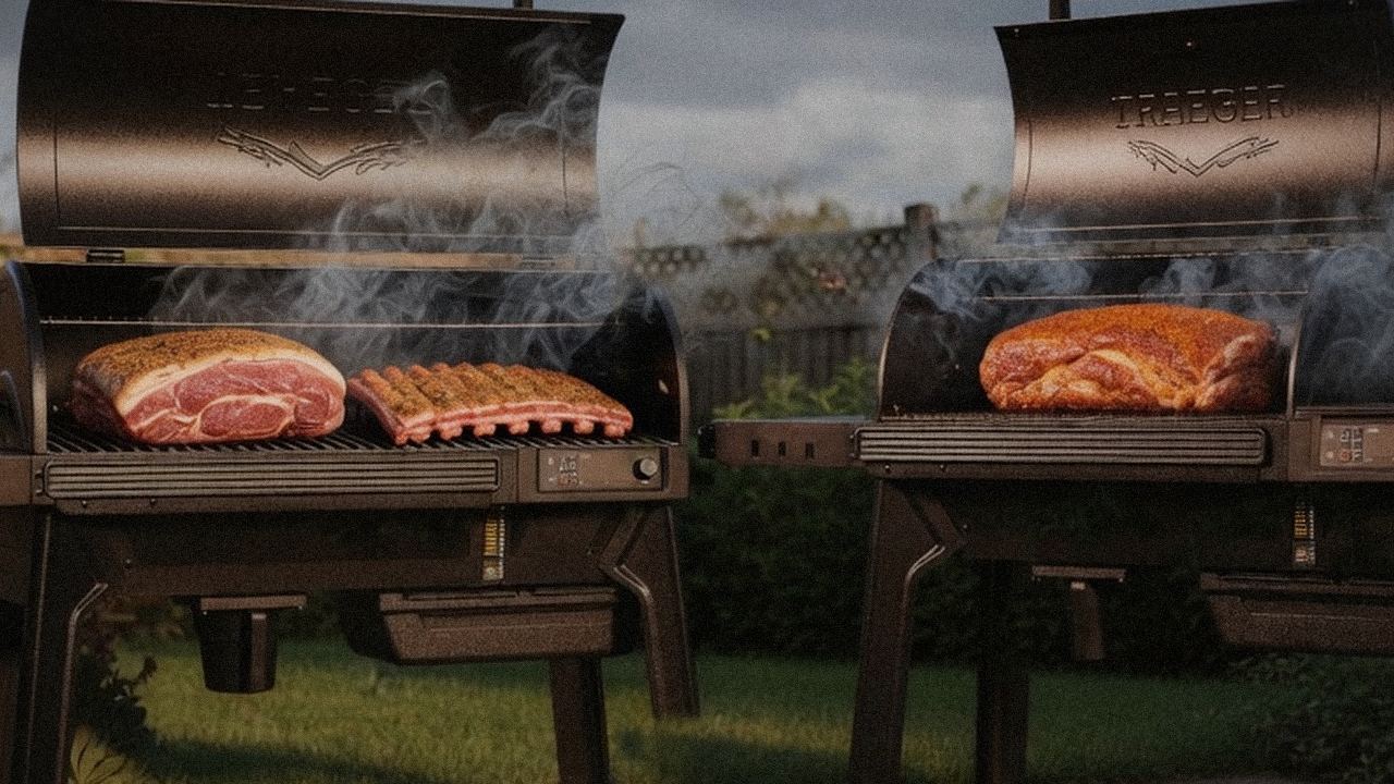 Searing and grate view: Traeger Timberline next to Traeger Woodridge Pro