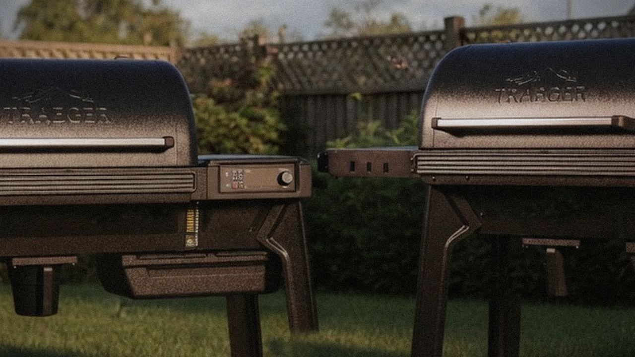 Traeger Timberline and Traeger Woodridge Pro starting up, controllers lit