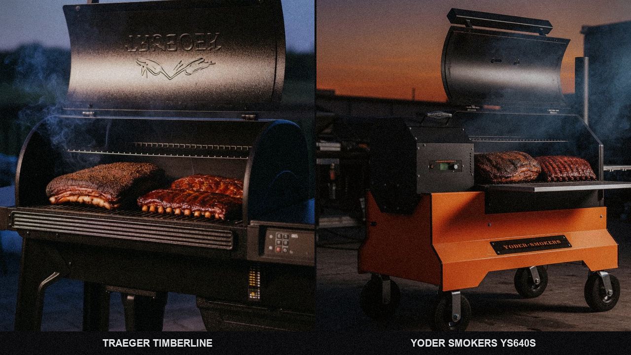 Traeger Timberline cooking next to Yoder Smokers YS640s, wood pellet grills on the same patio