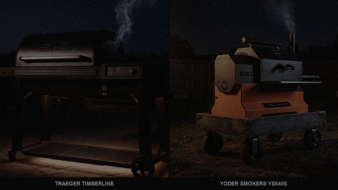 Traeger Timberline and Yoder Smokers YS640s at night with smoke, wood pellet grills on a dark patio