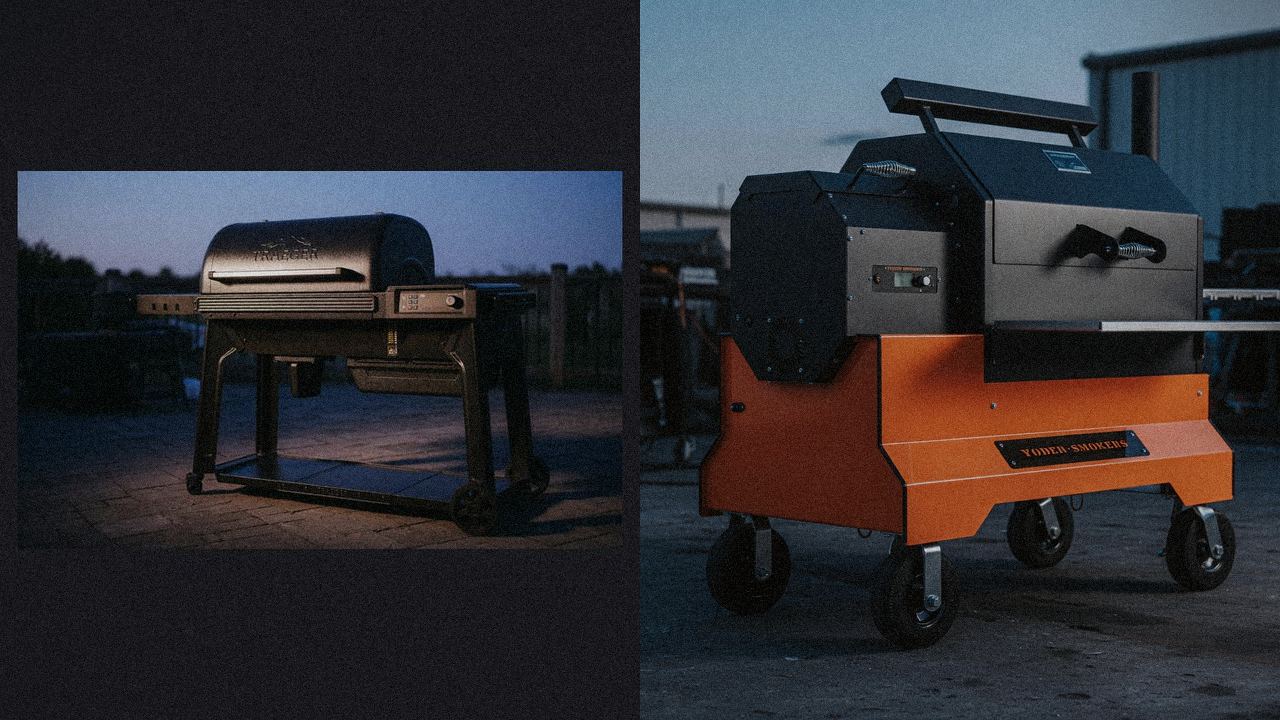 Traeger Timberline beside Yoder Smokers YS640s, editorial product photography