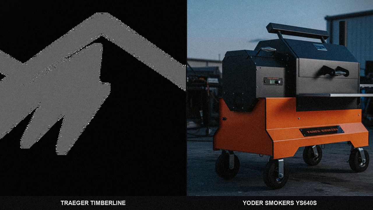 Searing and grate view: Traeger Timberline next to Yoder Smokers YS640s