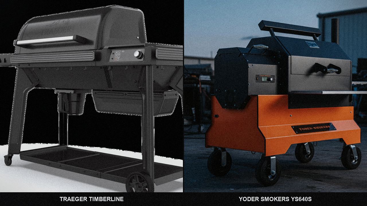 Traeger Timberline and Yoder Smokers YS640s starting up, controllers lit