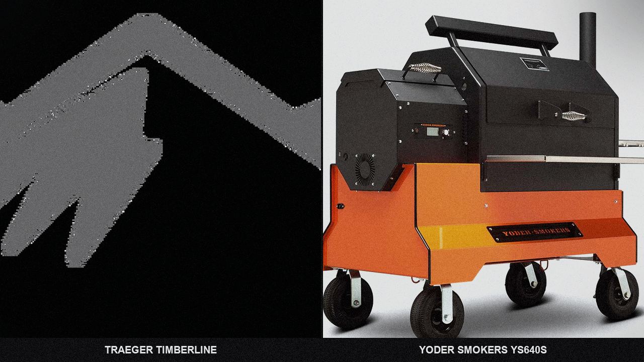 Traeger Timberline standing next to Yoder Smokers YS640s, showing the size and price-tier gap
