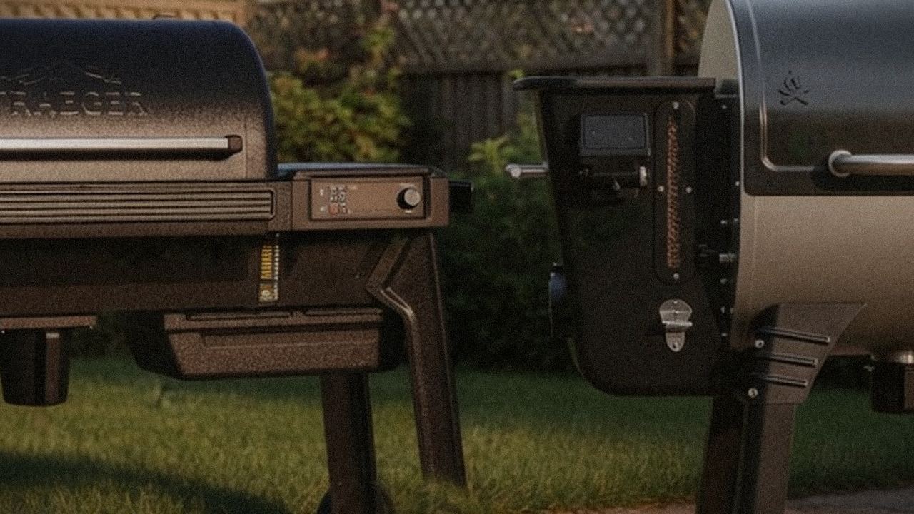 Traeger Woodridge Pro versus Camp Chef Woodwind Pro on a dusk patio