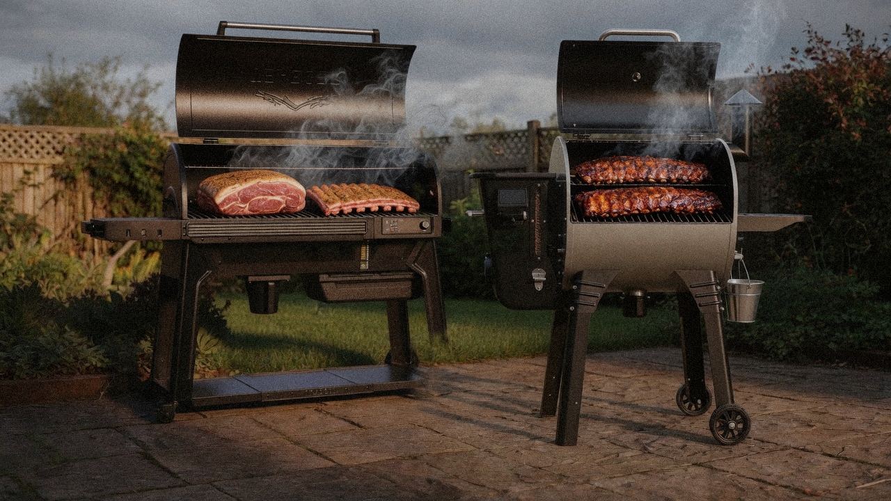 Traeger Woodridge Pro beside Camp Chef Woodwind Pro, official product photography on a dark steel panel