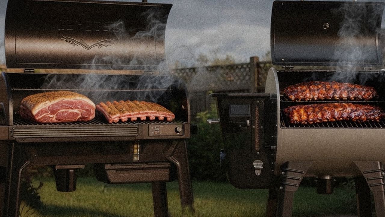 Traeger Woodridge Pro beside Camp Chef Woodwind Pro, official product photography on a dark steel panel