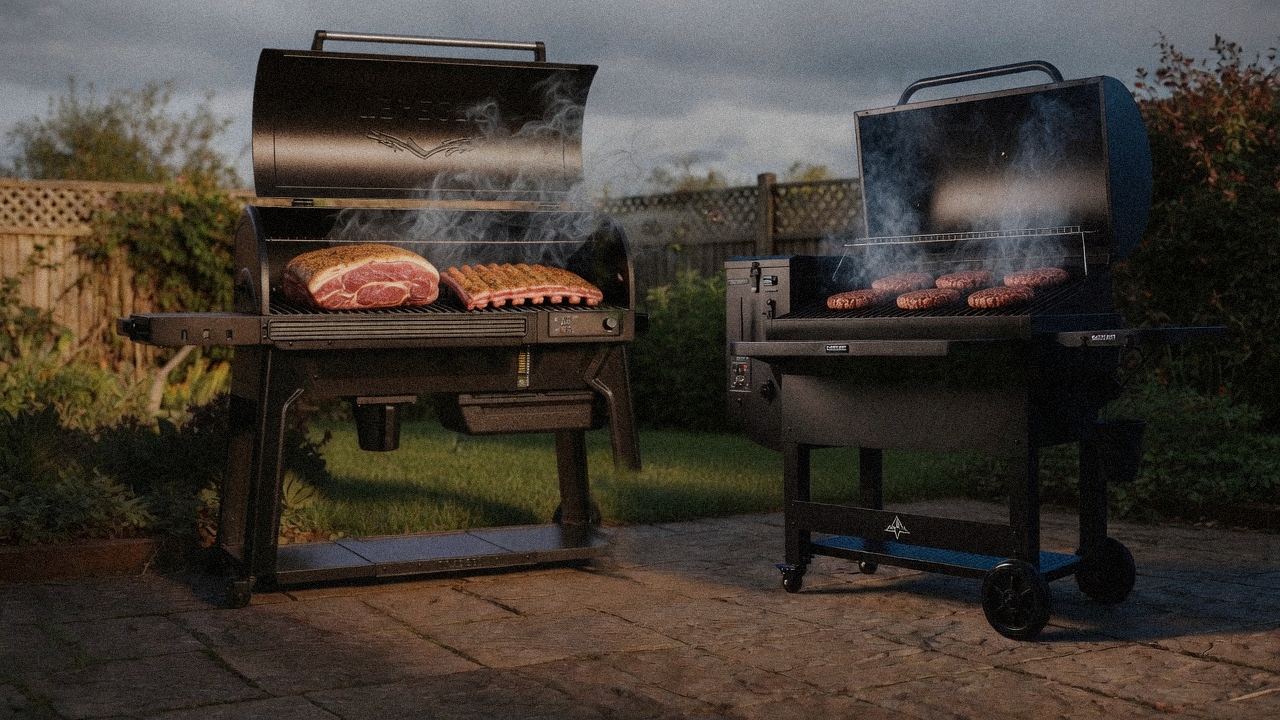 Traeger Woodridge Pro beside GMG Peak Prime 2.0, official product photography on a dark steel panel