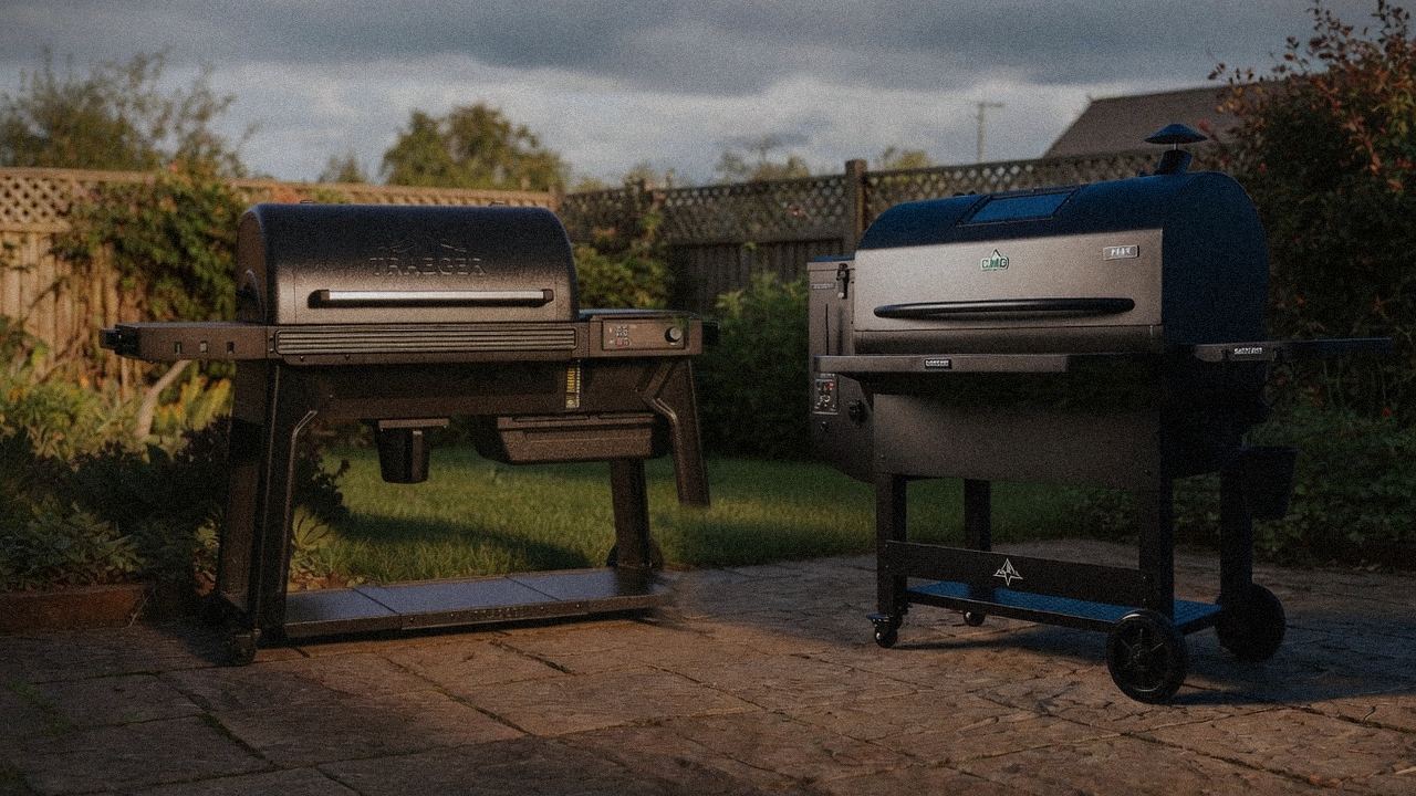 Traeger Woodridge Pro beside GMG Peak Prime 2.0, official product photography on a dark steel panel