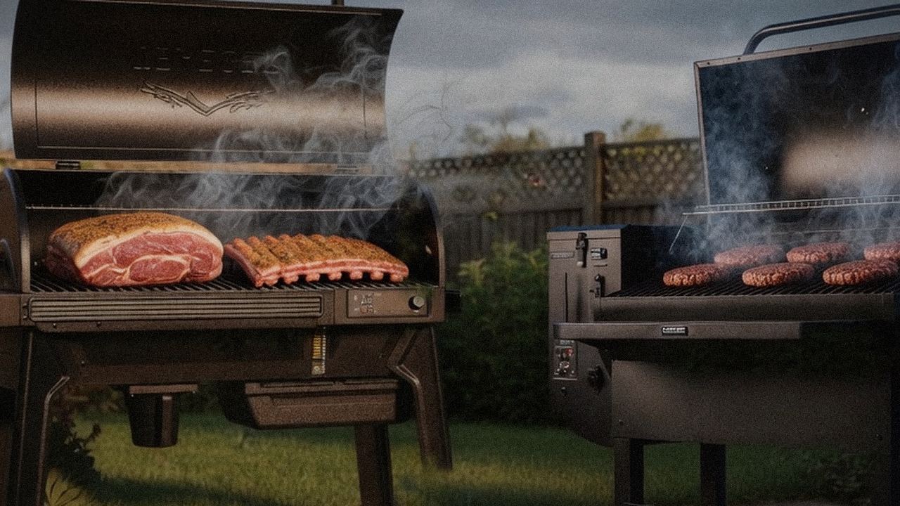Traeger Woodridge Pro beside GMG Peak Prime 2.0, official product photography on a dark steel panel