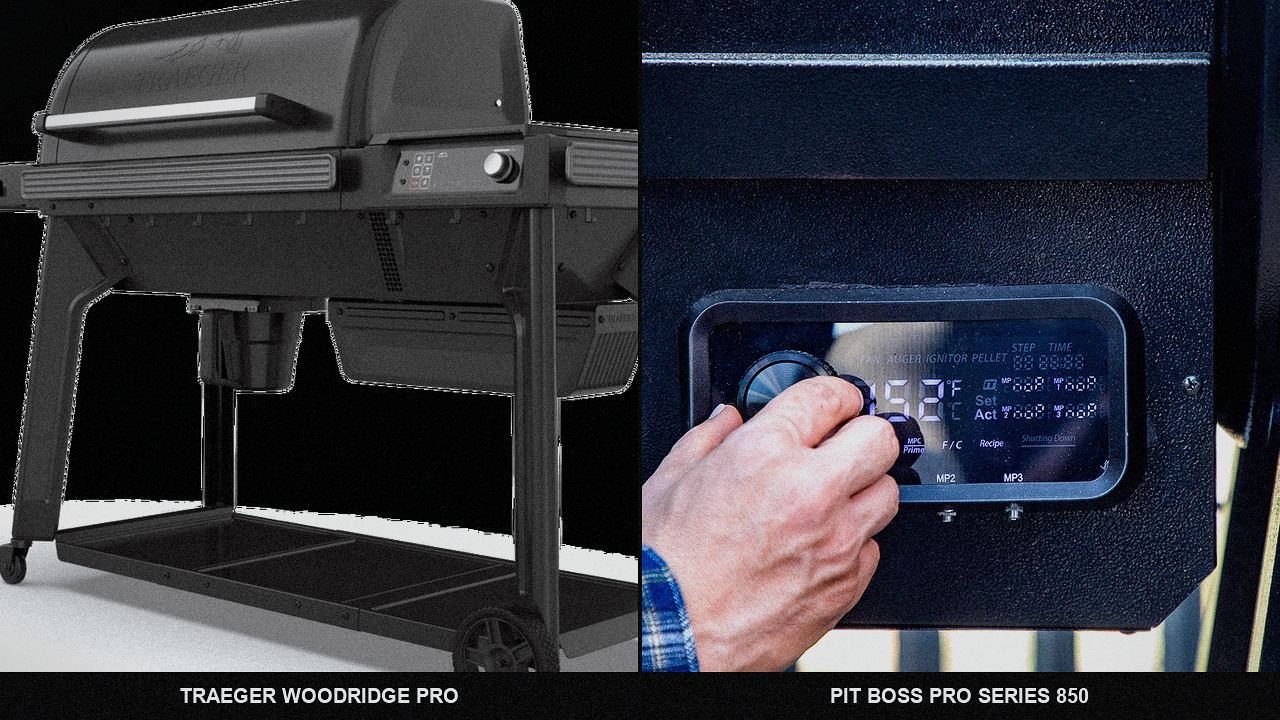 Close comparison of the Traeger Woodridge Pro color controller next to the Pit Boss Pro Series hopper controller