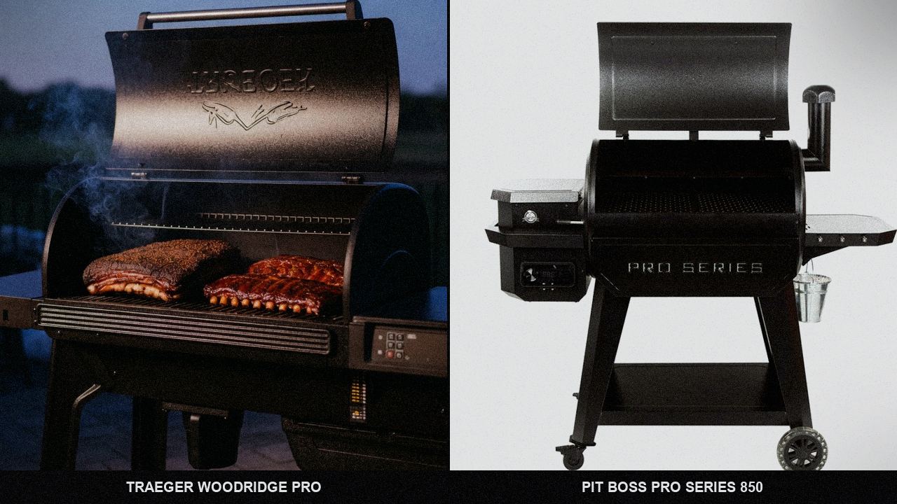 Traeger Woodridge Pro smoking ribs and pork shoulder next to a Pit Boss Pro Series 850 searing steaks over an open flame broiler
