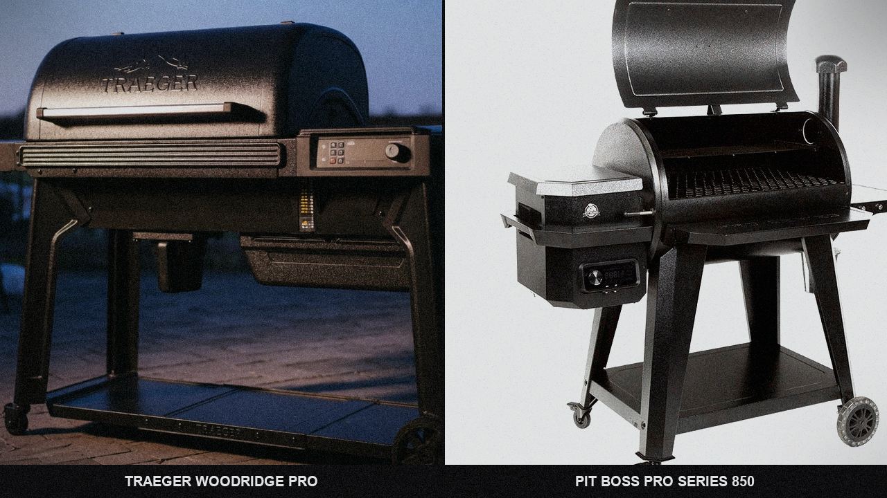 Morning patio with a Traeger Woodridge Pro, a bag of pellets on the shelf, and a Pit Boss Pro Series 850 waiting beside it