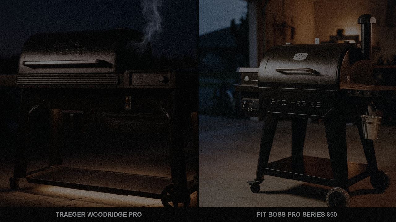 Traeger Woodridge Pro and Pit Boss Pro Series 850 at night with thin blue smoke rising from both chimneys