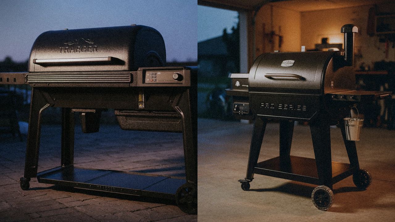 Traeger Woodridge Pro beside Pit Boss Pro Series 850, official product photography on a dark steel panel