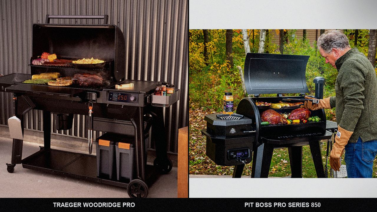 Two steaks browning on a Traeger with no open flame next to a steak over live fire on a Pit Boss flame broiler