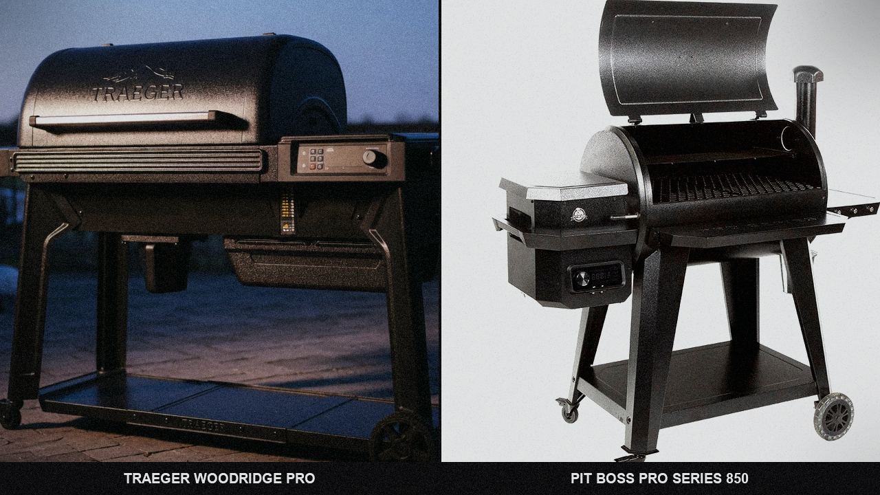 Traeger Woodridge Pro standing next to a smaller Pit Boss Sportsman 850, showing the size and price-tier gap