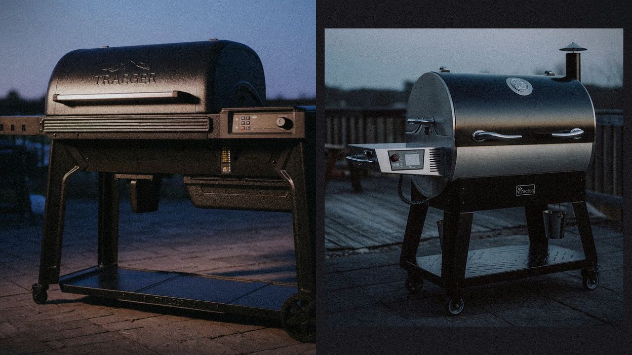 Traeger Woodridge Pro beside recteq Bullseye Deluxe, editorial product photography