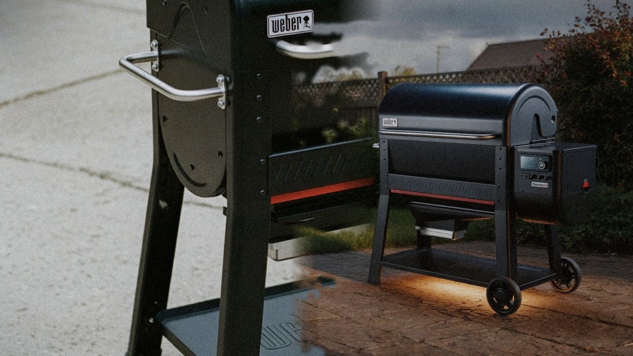 Weber Searwood 600 beside Weber Searwood XL 600, official product photography on a dark steel panel