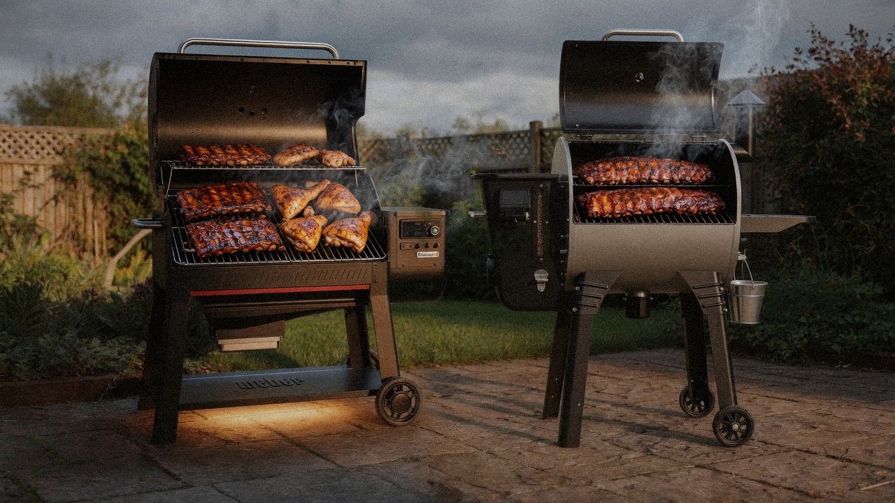 Weber Searwood XL 600 cooking next to Camp Chef Woodwind WiFi 24, wood pellet grills on the same patio