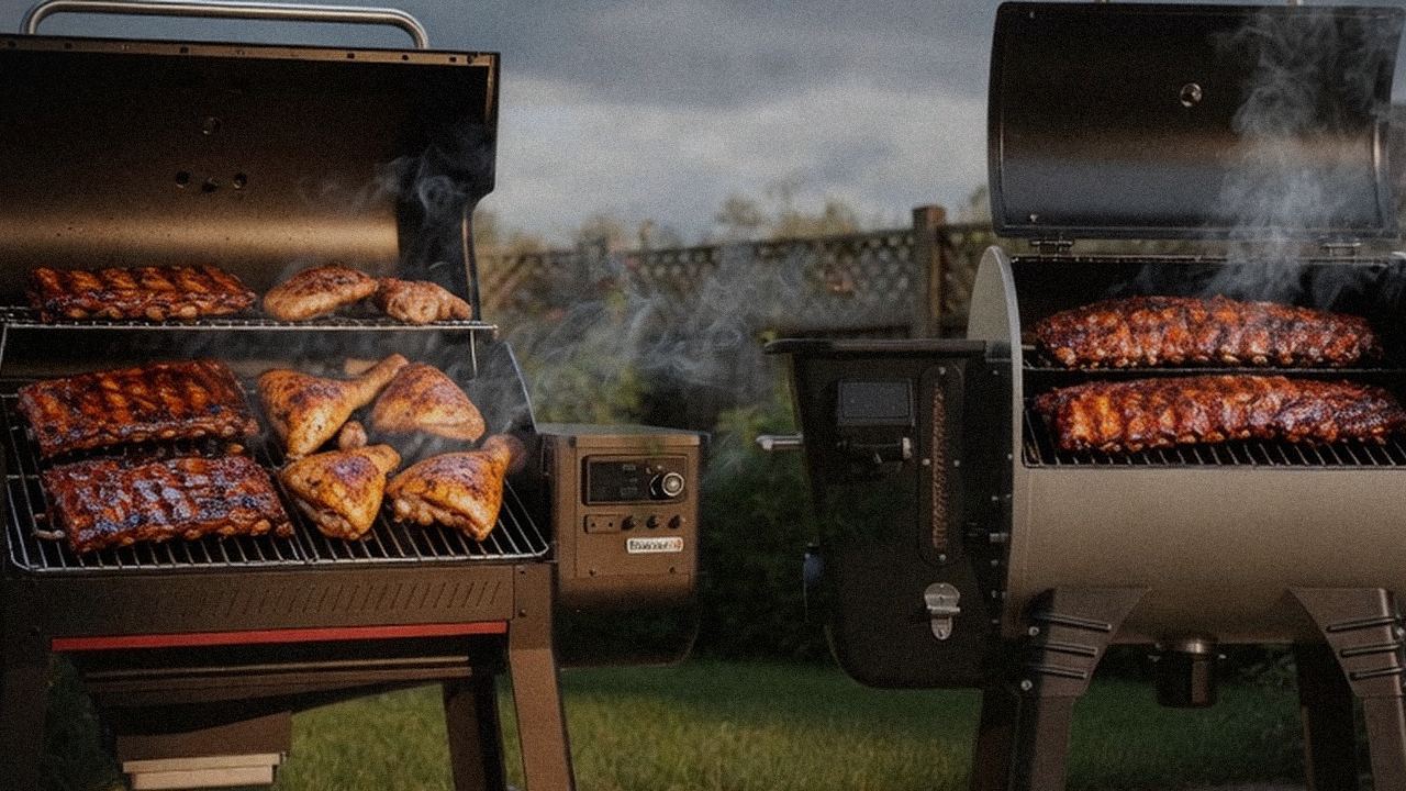Searing and grate view: Weber Searwood XL 600 next to Camp Chef Woodwind WiFi 24