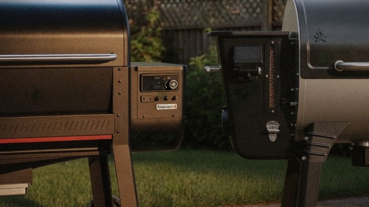 Close comparison of the Weber Searwood XL 600 controller next to the Camp Chef Woodwind Pro WiFi 24 controller