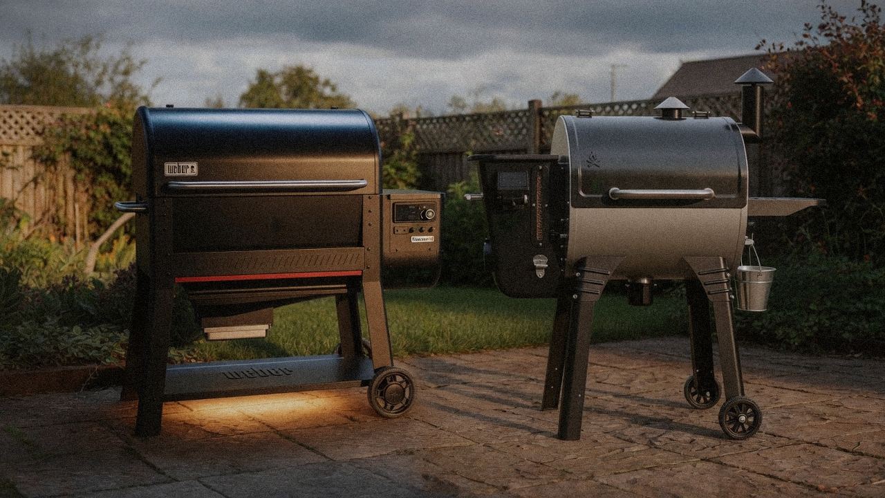Weber Searwood XL 600 beside Camp Chef Woodwind Pro WiFi 24, editorial product photography