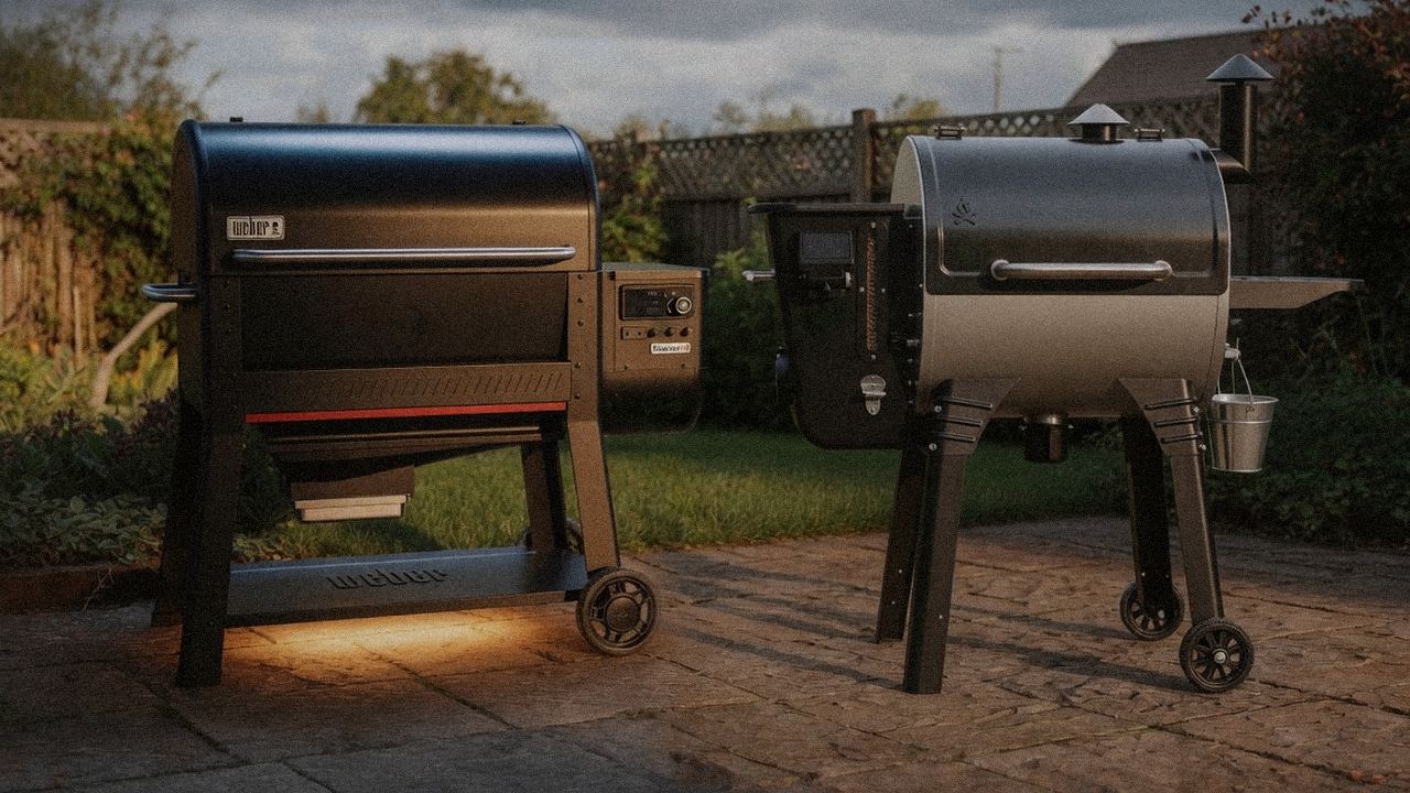 Weber Searwood XL 600 standing next to Camp Chef Woodwind Pro WiFi 24, showing the size and price-tier gap