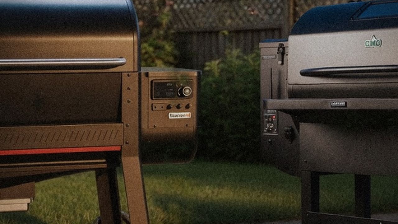 Close comparison of the Weber Searwood XL 600 controller next to the Green Mountain Grills Peak controller