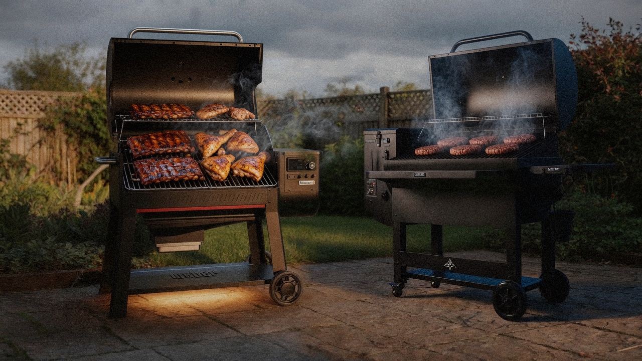 Weber Searwood XL 600 cooking next to Green Mountain Grills Peak, wood pellet grills on the same patio