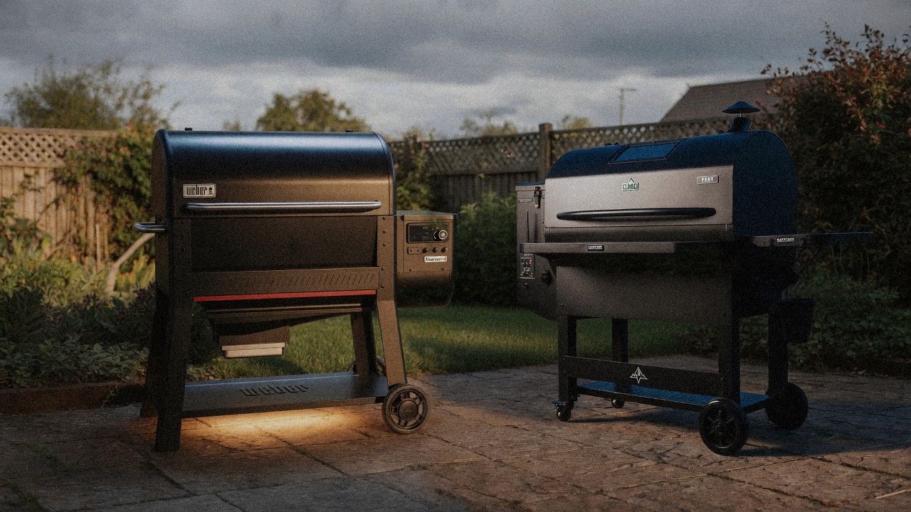 Morning patio with the Weber Searwood XL 600 and the Green Mountain Grills Peak, unboxing-day mood