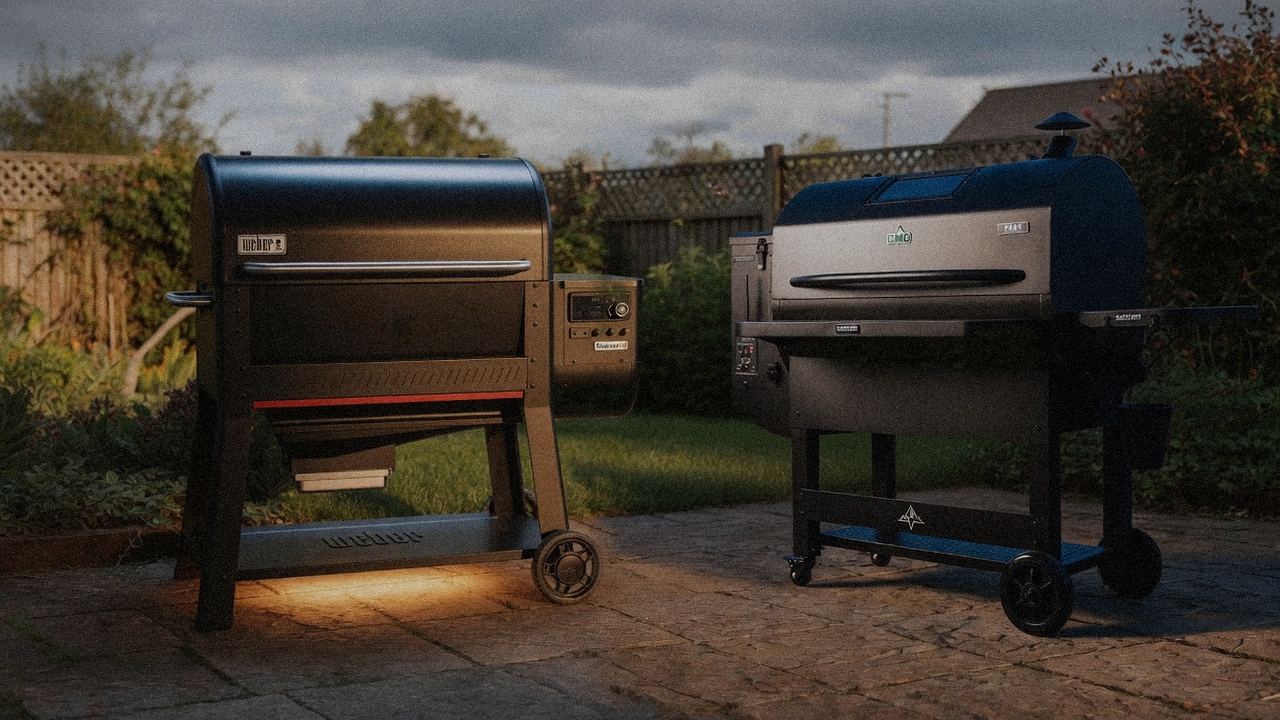 Weber Searwood XL 600 beside Green Mountain Grills Peak, editorial product photography