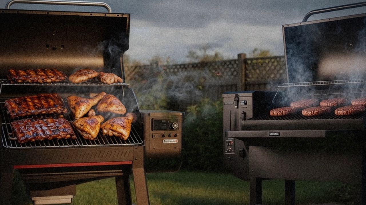 Searing and grate view: Weber Searwood XL 600 next to Green Mountain Grills Peak