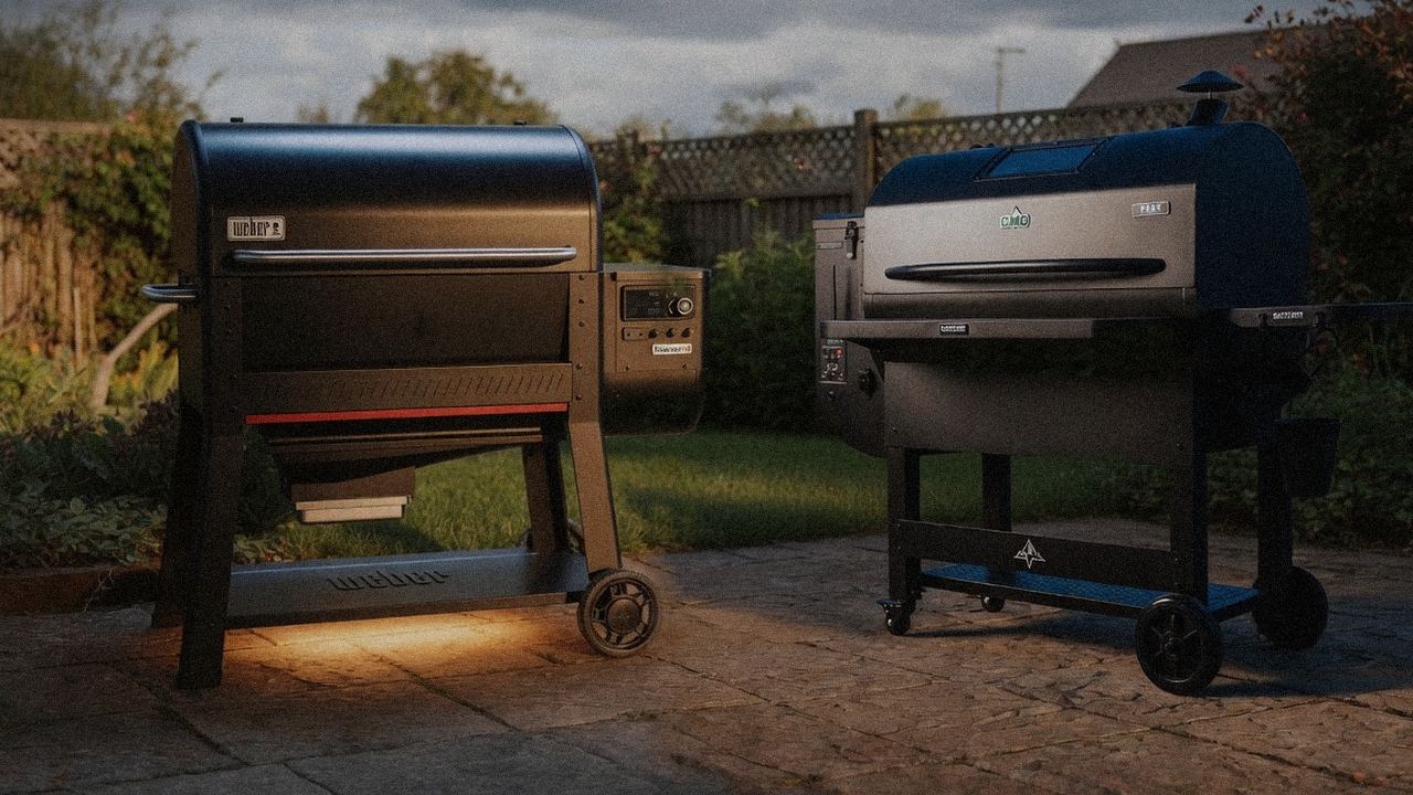 Weber Searwood XL 600 standing next to Green Mountain Grills Peak, showing the size and price-tier gap