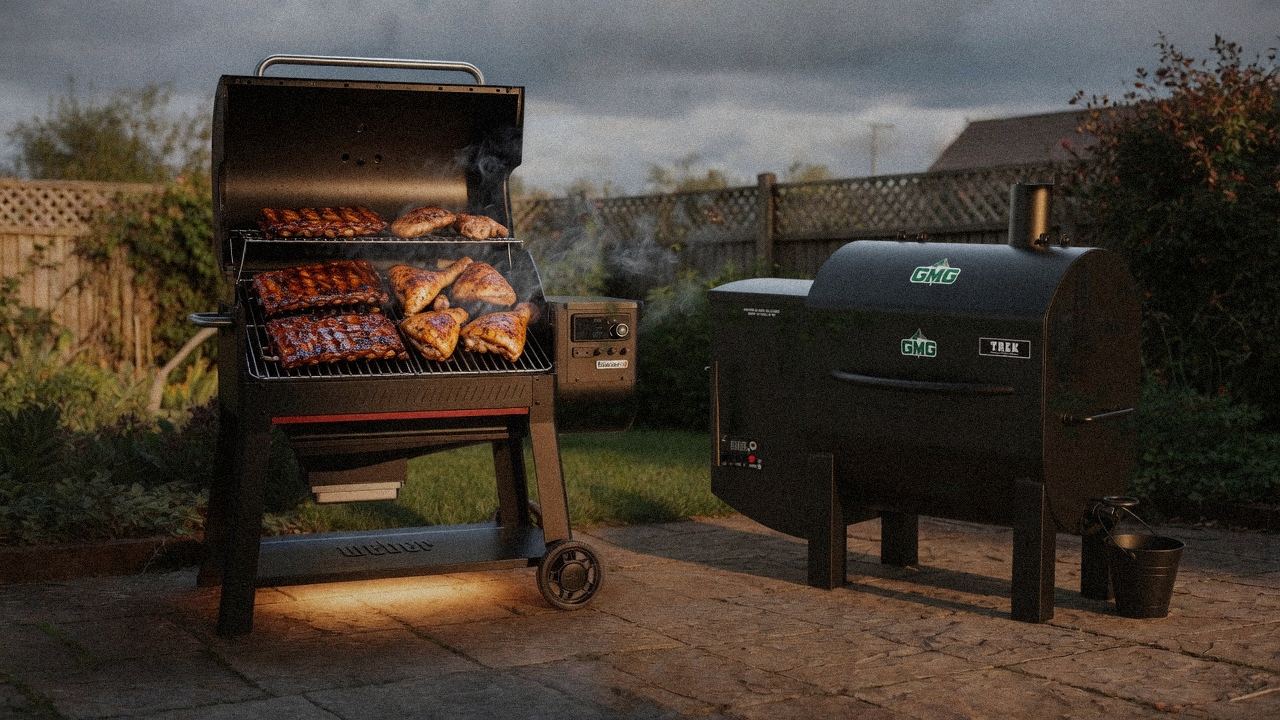Weber Searwood XL 600 cooking next to Green Mountain Grills Trek, wood pellet grills on the same patio