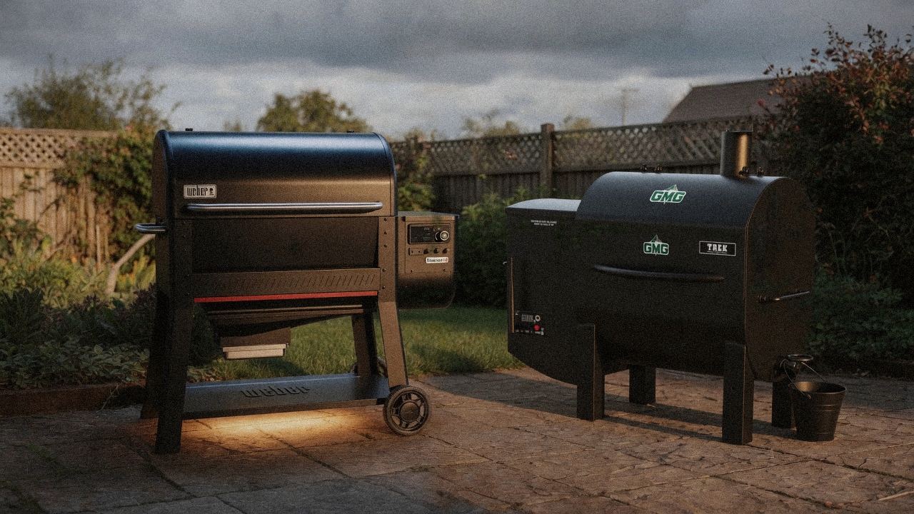 Morning patio with the Weber Searwood XL 600 and the Green Mountain Grills Trek, unboxing-day mood