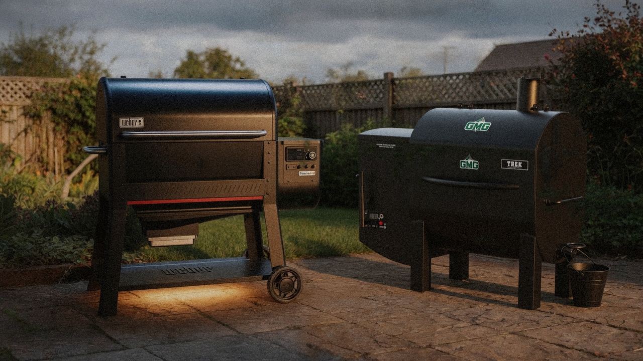 Weber Searwood XL 600 beside Green Mountain Grills Trek, editorial product photography