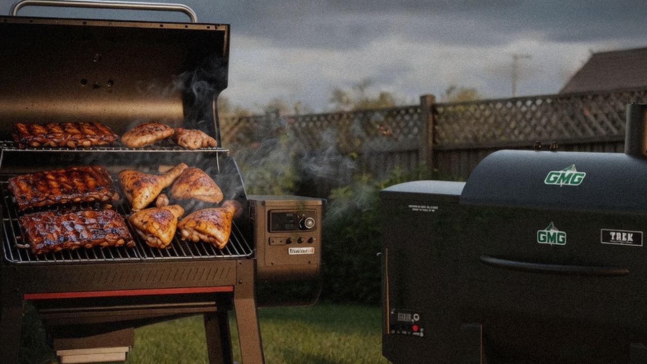Searing and grate view: Weber Searwood XL 600 next to Green Mountain Grills Trek