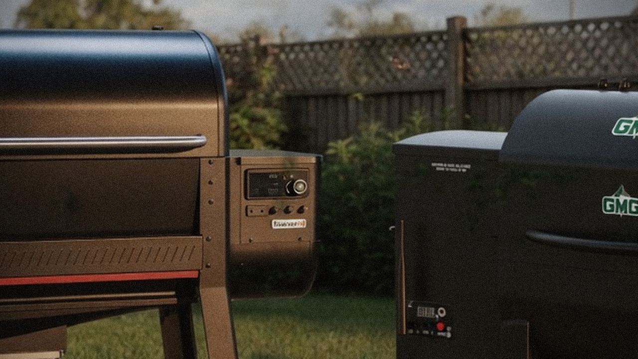 Weber Searwood XL 600 and Green Mountain Grills Trek starting up, controllers lit