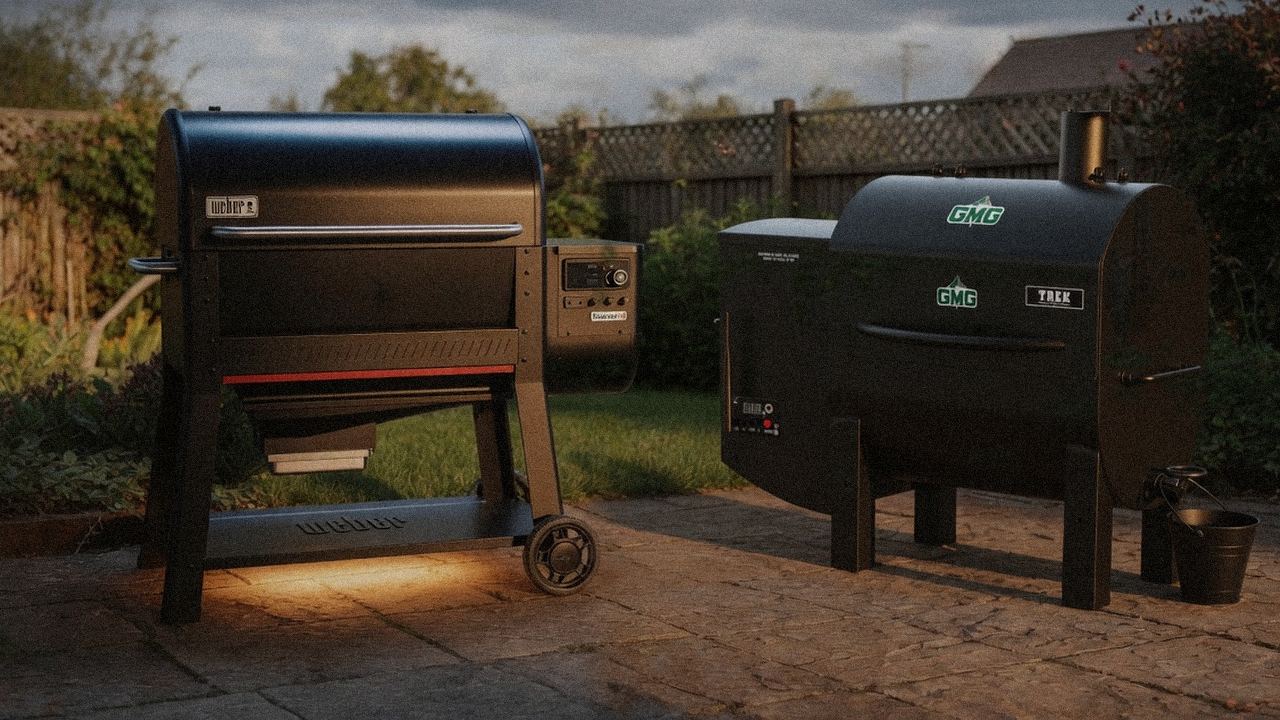 Weber Searwood XL 600 standing next to Green Mountain Grills Trek, showing the size and price-tier gap