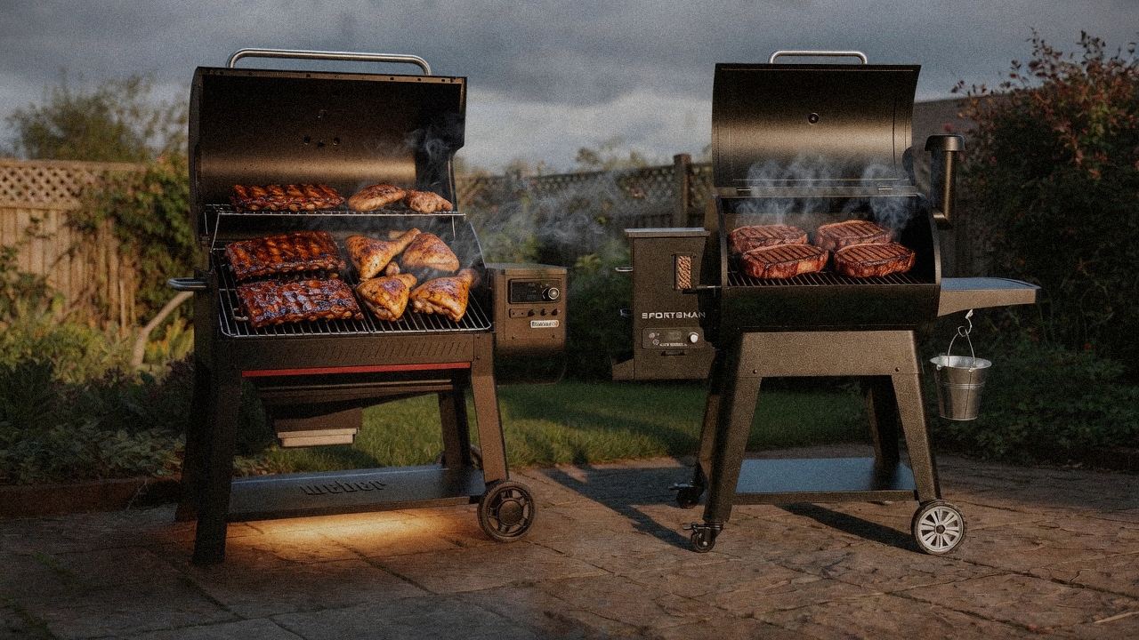 Weber Searwood XL 600 cooking next to Pit Boss Navigator 850, wood pellet grills on the same patio
