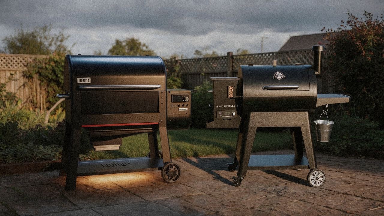 Morning patio with the Weber Searwood XL 600 and the Pit Boss Navigator 850, unboxing-day mood